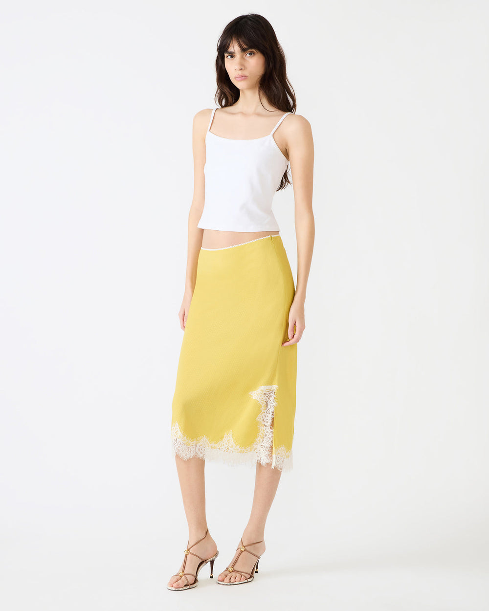 CINTHIA Golden Lime Lace Trime Women's Midi Skirt | Steve Madden US