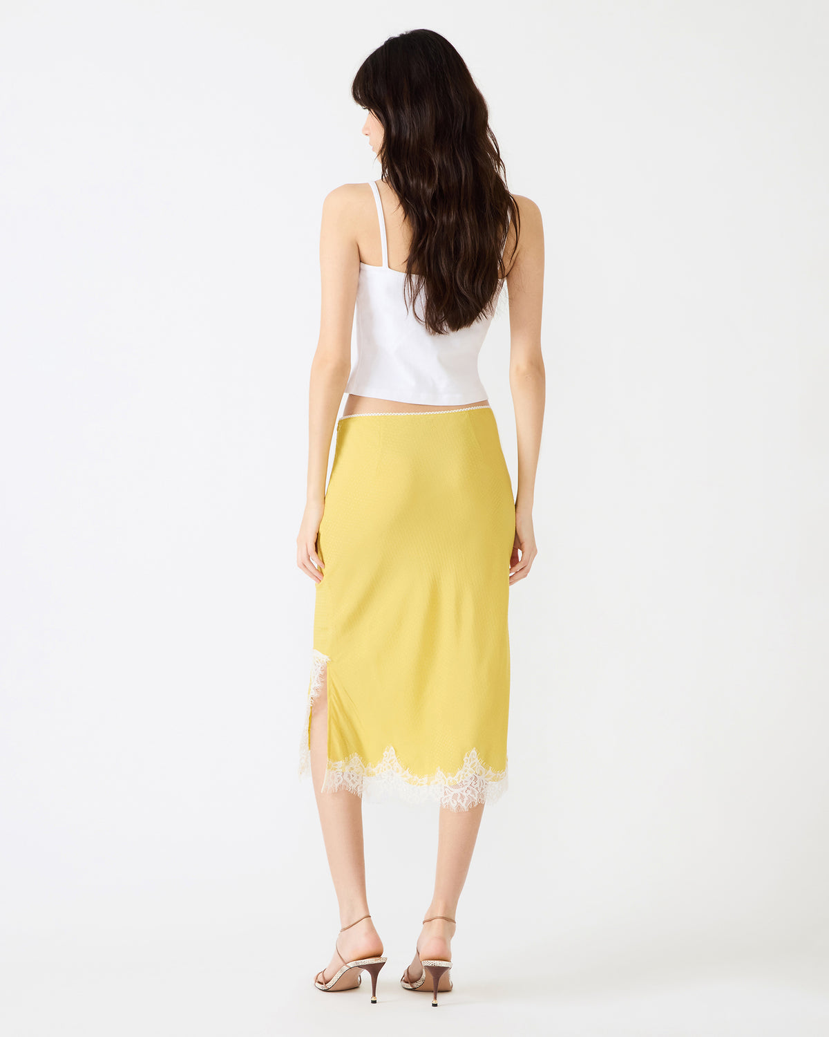 CINTHIA Golden Lime Lace Trime Women's Midi Skirt | Steve Madden US