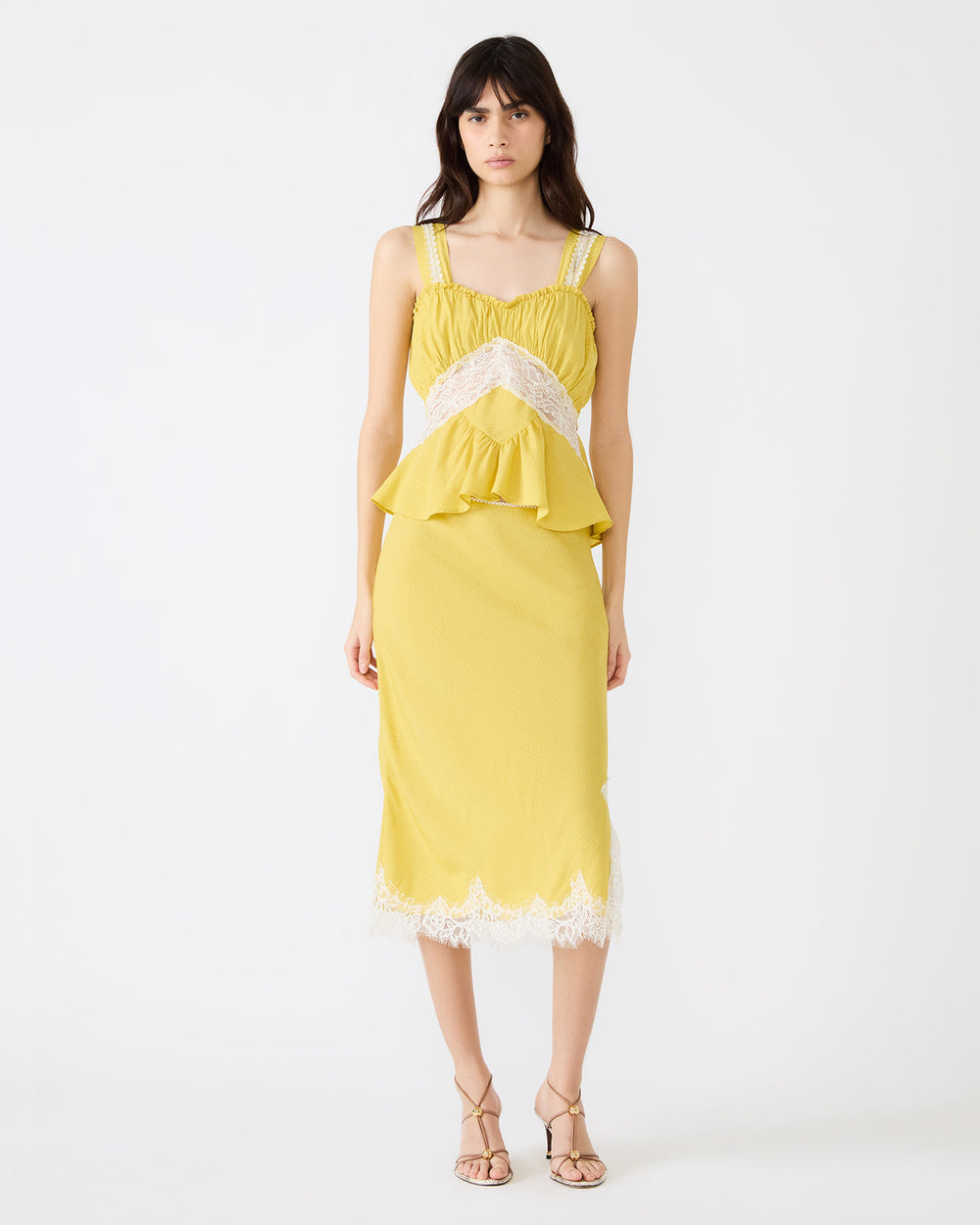 CINTHIA Golden Lime Lace Trime Women's Midi Skirt | Steve Madden US