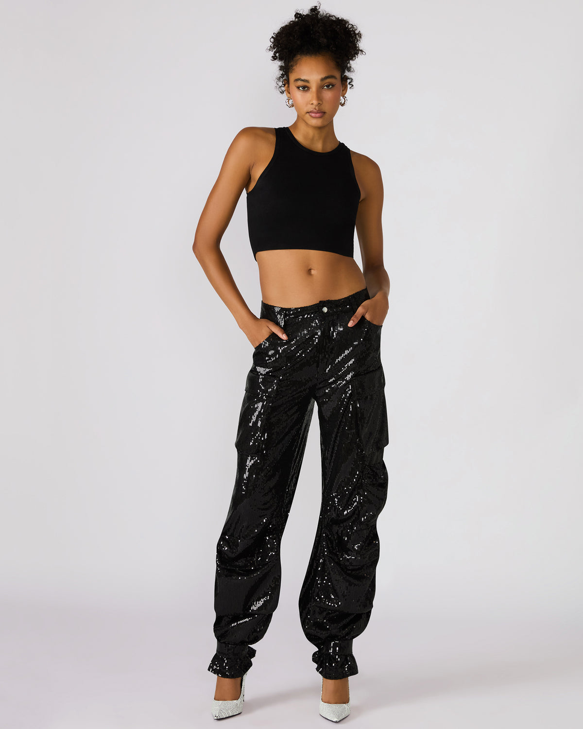 DUO Black Sequin Women's Utility Cargo Pants | Steve Madden for Sale
