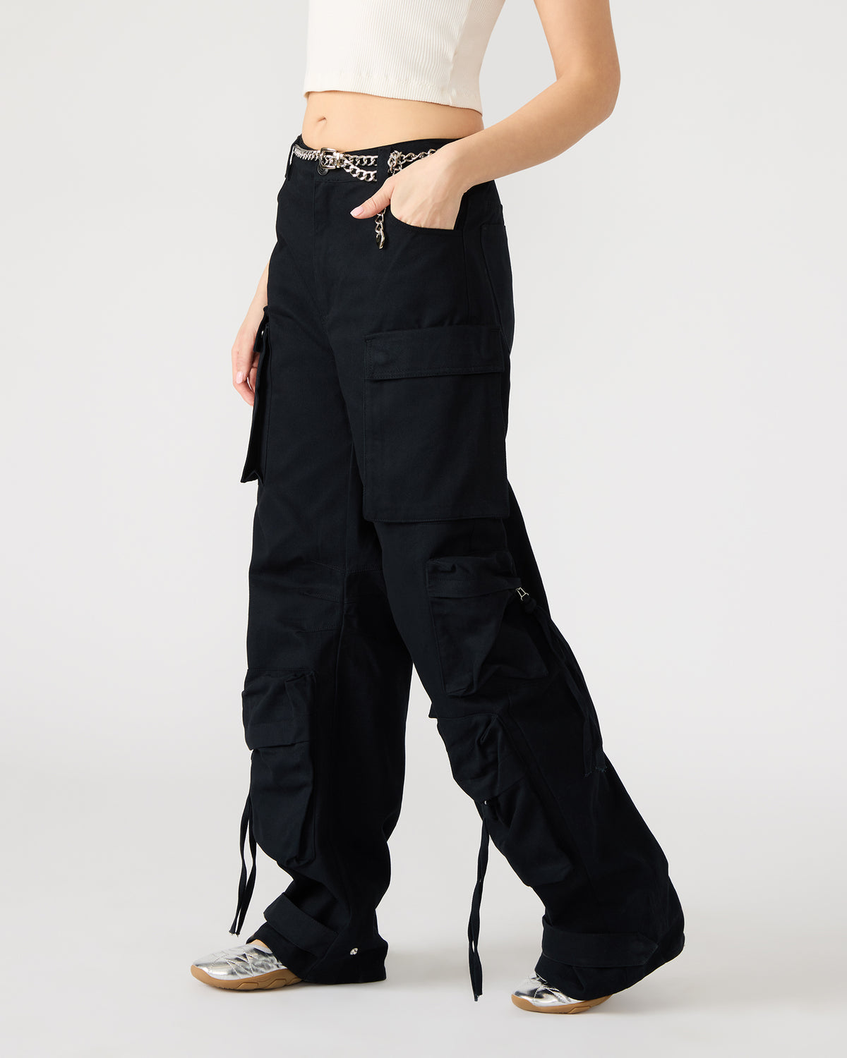 DUO Black Women's Utility Cargo Pants | Steve Madden on Sale