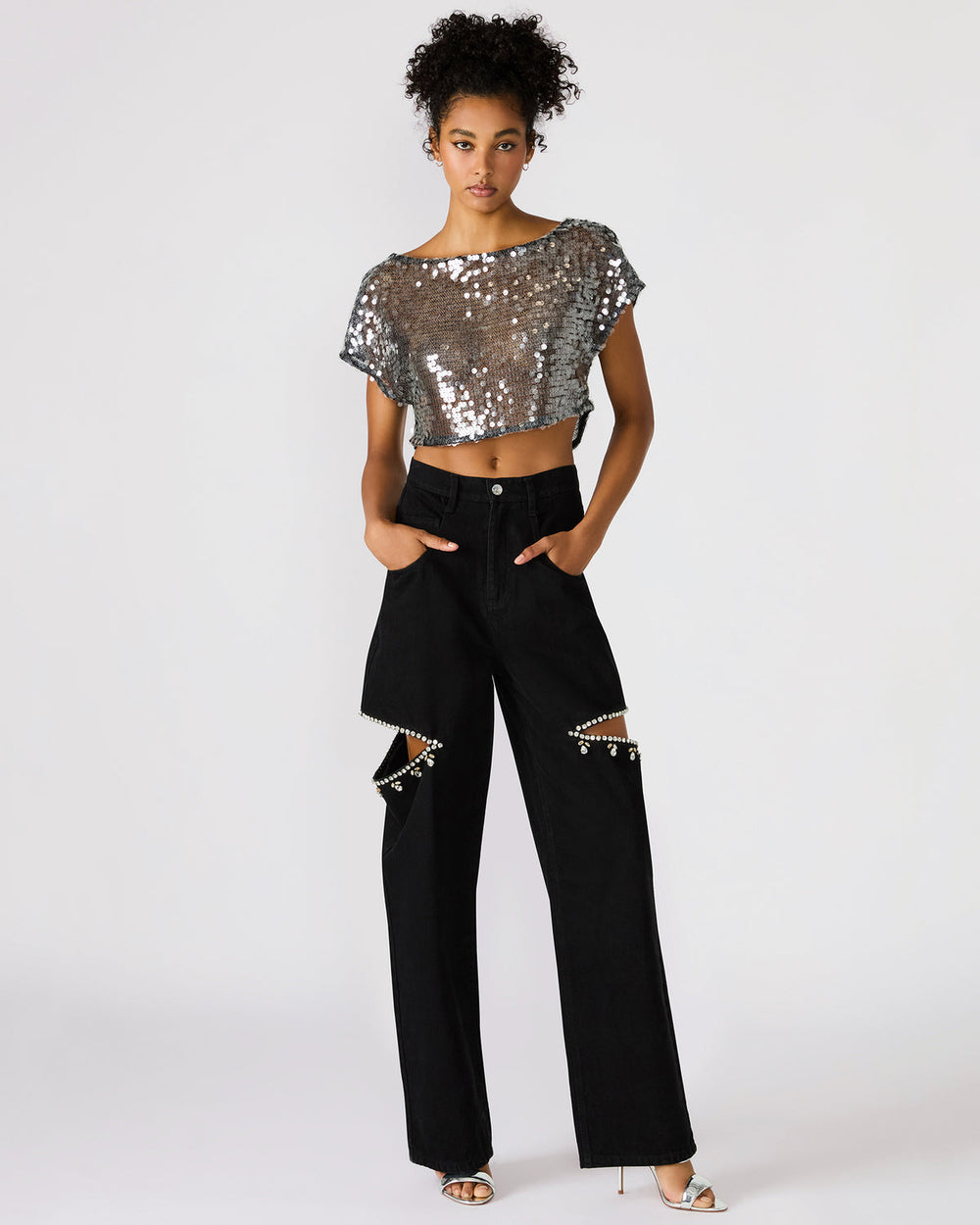 AYLA Black Straight-Leg Rhinestone Embellished Slit Women's Jean | Steve Madden on Sale