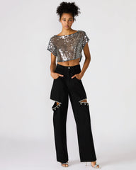 AYLA Black Straight-Leg Rhinestone Embellished Slit Women's Jean | Steve Madden on Sale