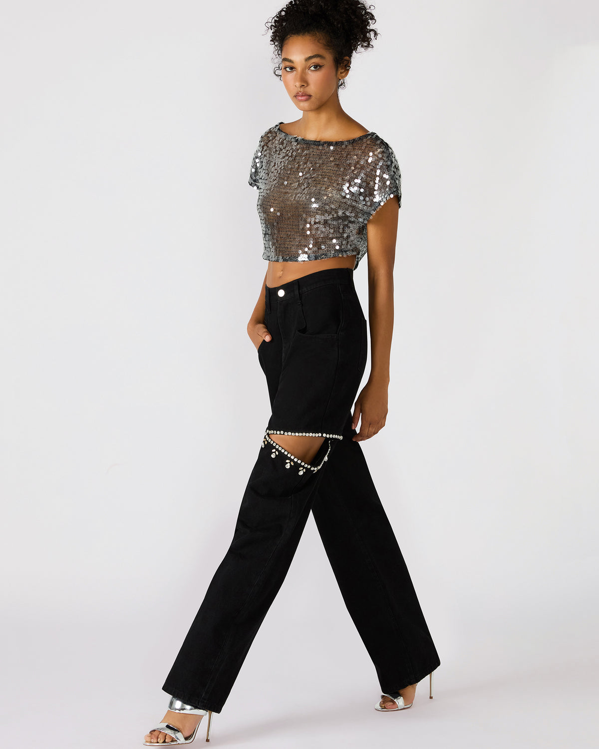 AYLA Black Straight-Leg Rhinestone Embellished Slit Women's Jean | Steve Madden on Sale