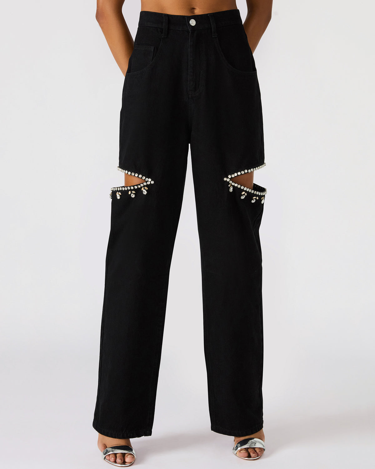 AYLA Black Straight-Leg Rhinestone Embellished Slit Women's Jean | Steve Madden on Sale