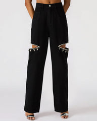 AYLA Black Straight-Leg Rhinestone Embellished Slit Women's Jean | Steve Madden on Sale