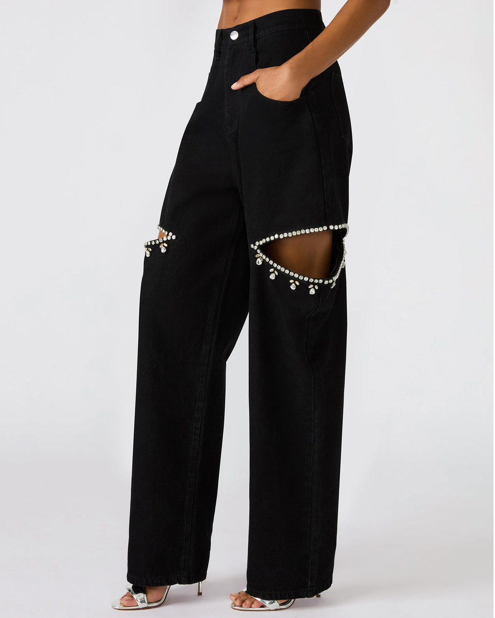 AYLA Black Straight-Leg Rhinestone Embellished Slit Women's Jean | Steve Madden on Sale