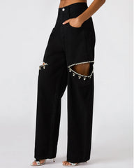 AYLA Black Straight-Leg Rhinestone Embellished Slit Women's Jean | Steve Madden on Sale