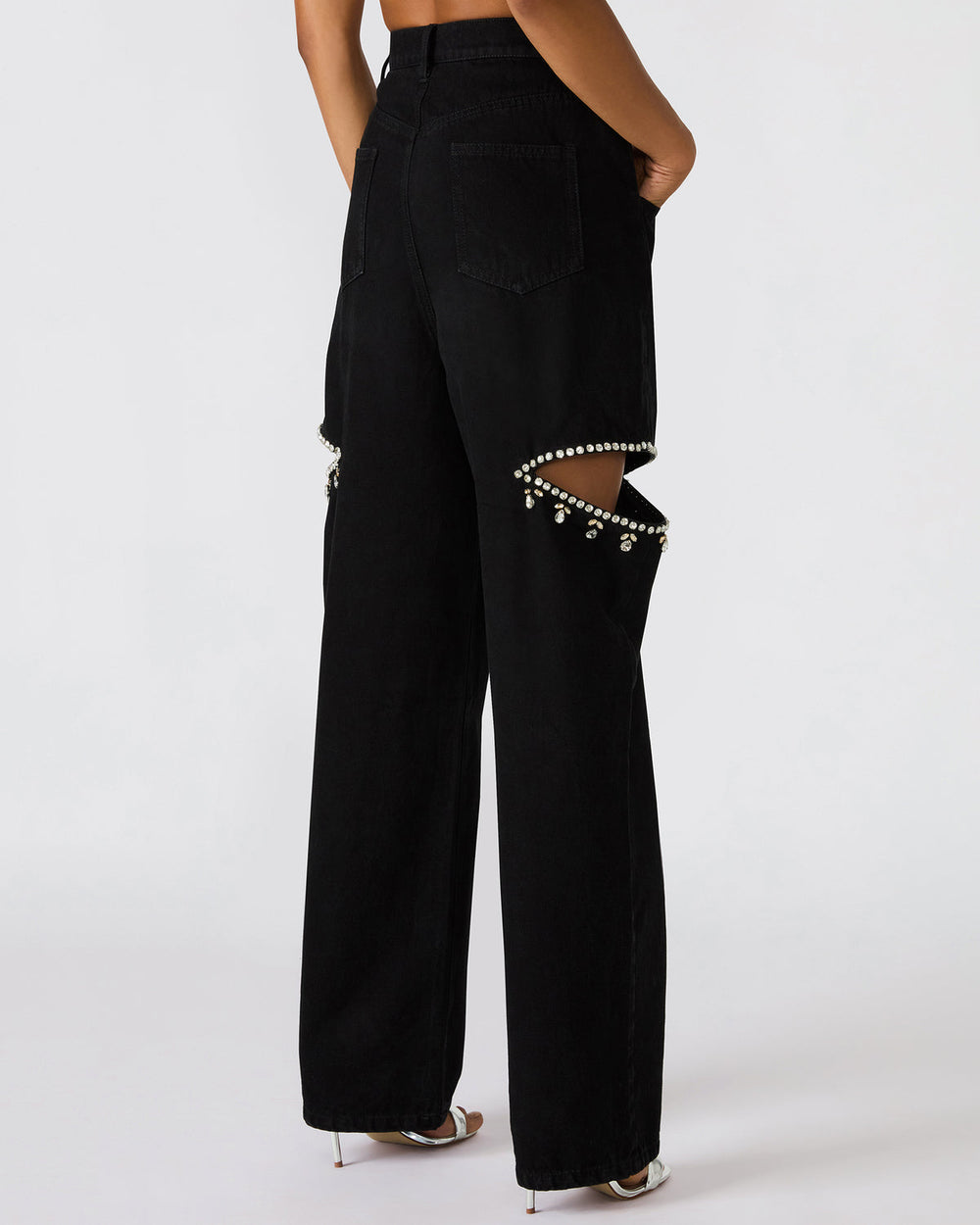 AYLA Black Straight-Leg Rhinestone Embellished Slit Women's Jean | Steve Madden on Sale