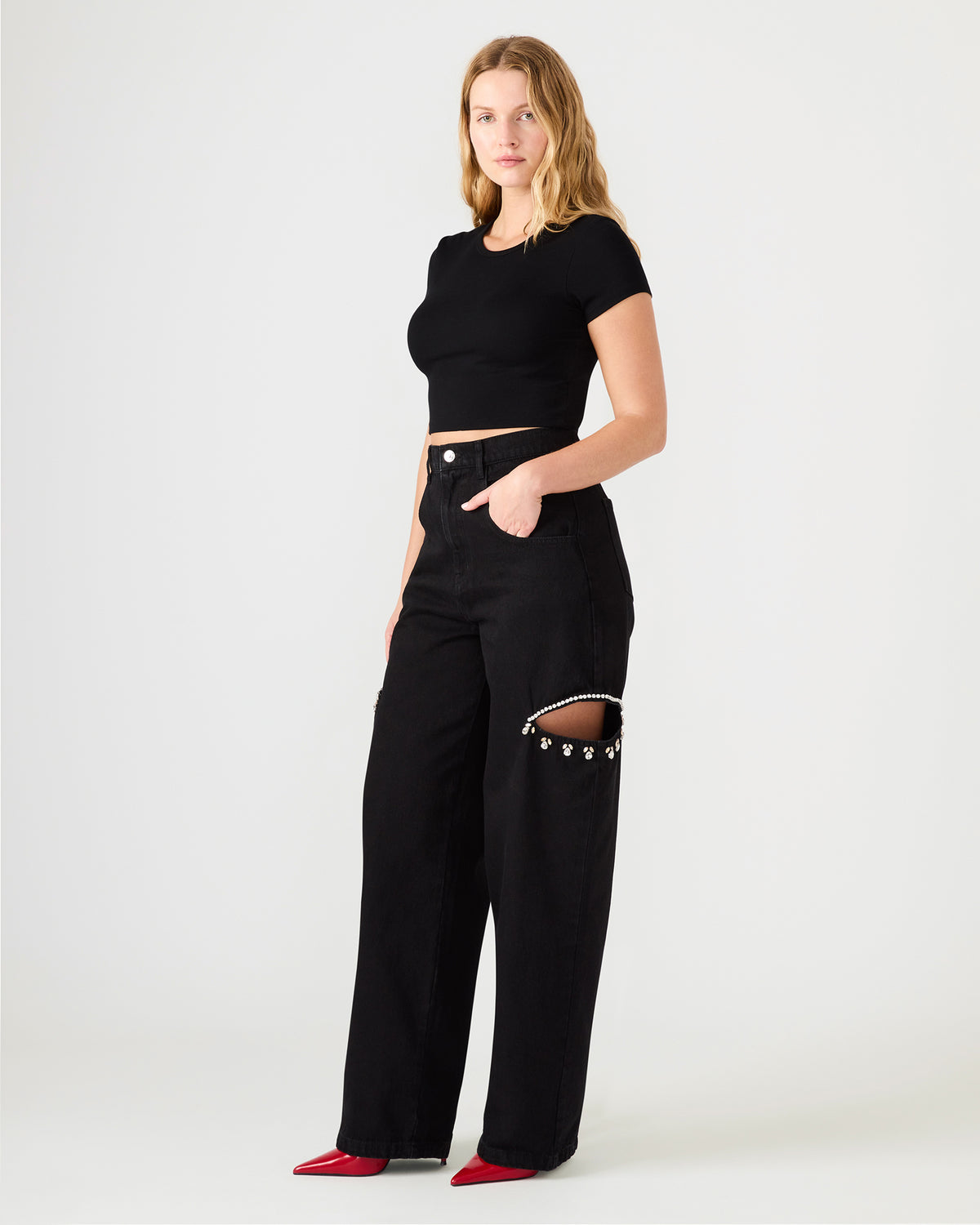 AYLA Black Straight-Leg Rhinestone Embellished Slit Women's Jean | Steve Madden on Sale