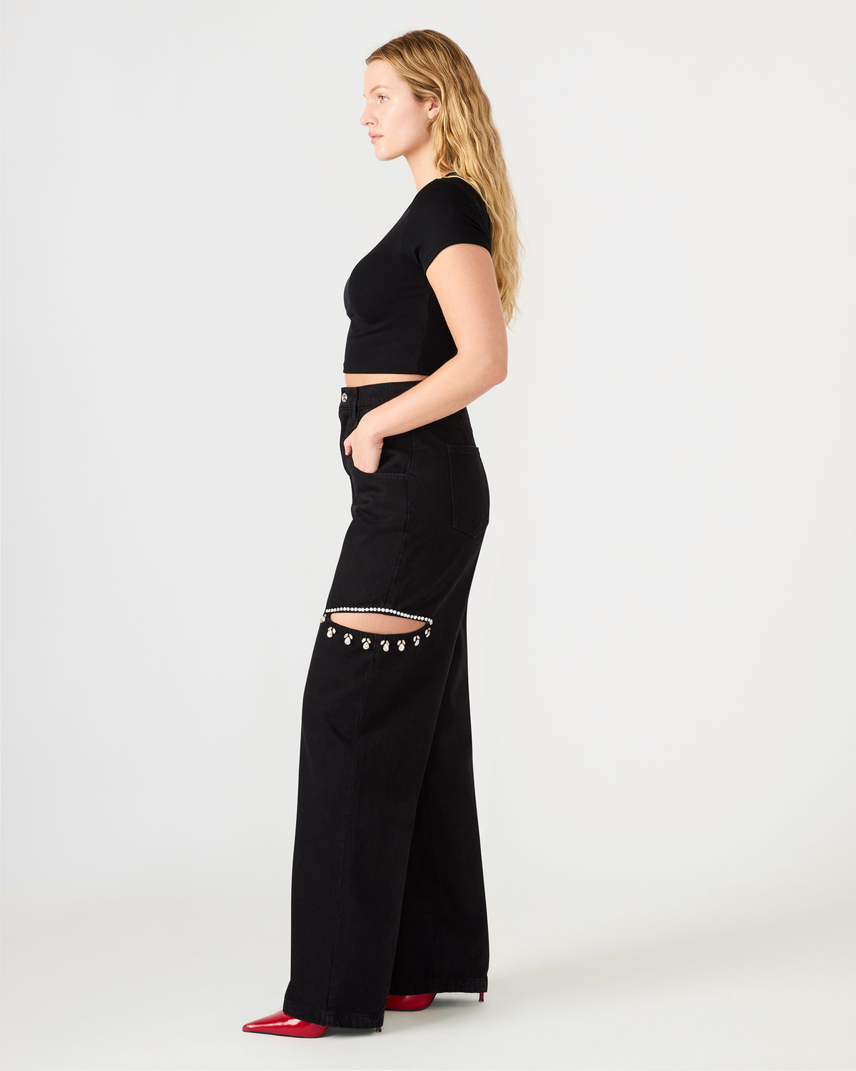 AYLA Black Straight-Leg Rhinestone Embellished Slit Women's Jean | Steve Madden on Sale