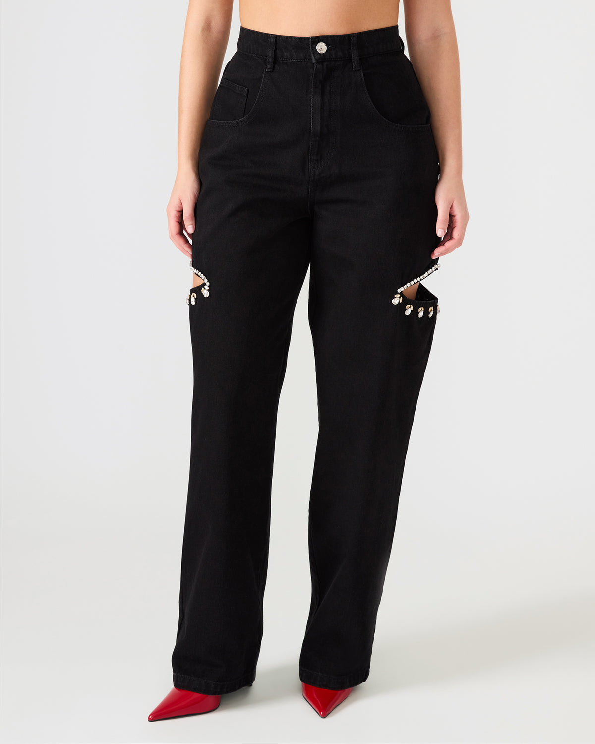 AYLA Black Straight-Leg Rhinestone Embellished Slit Women's Jean | Steve Madden on Sale