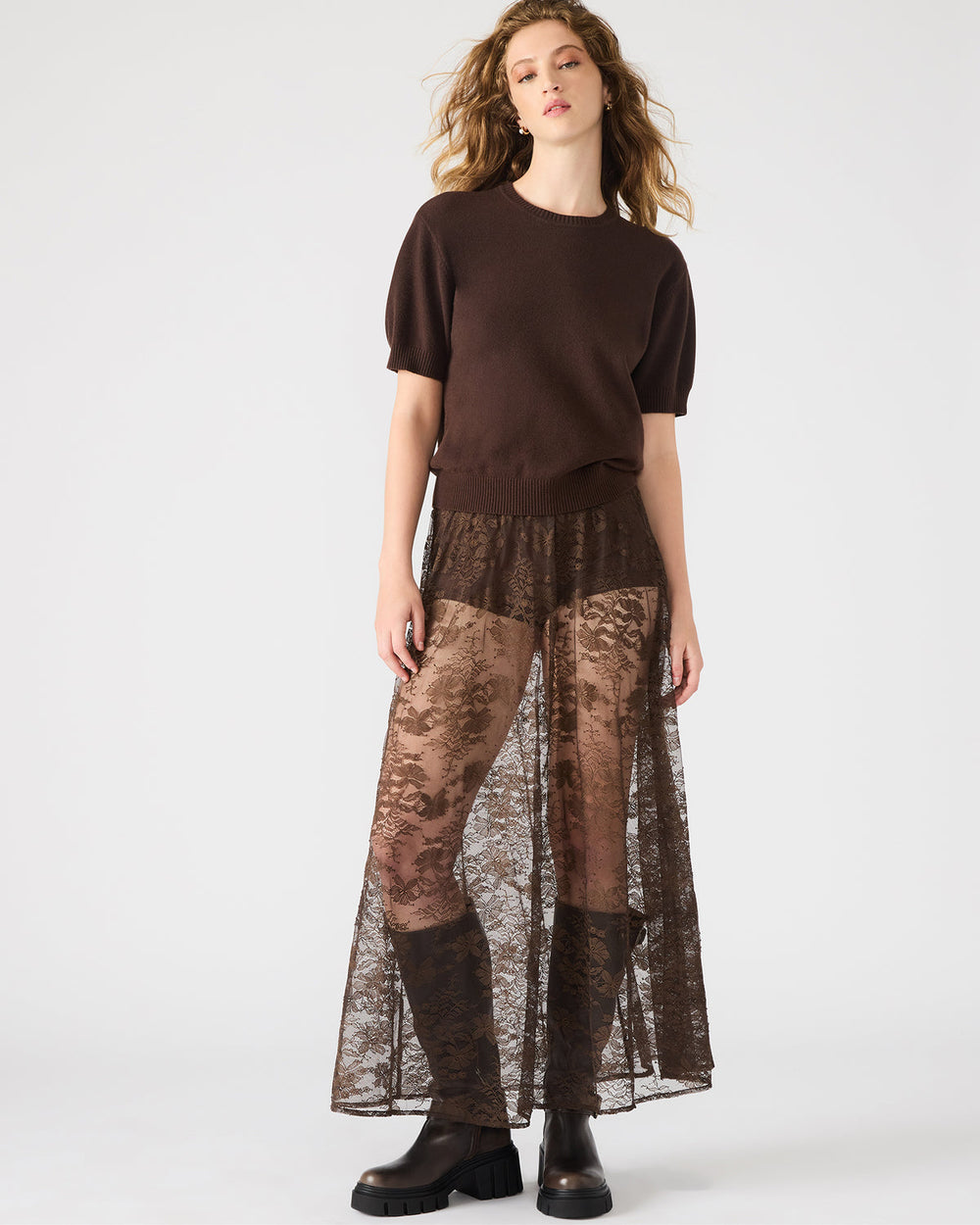 GISELA Dark Espresso Lace Mesh Maxi Women's Skirt | Steve Madden US