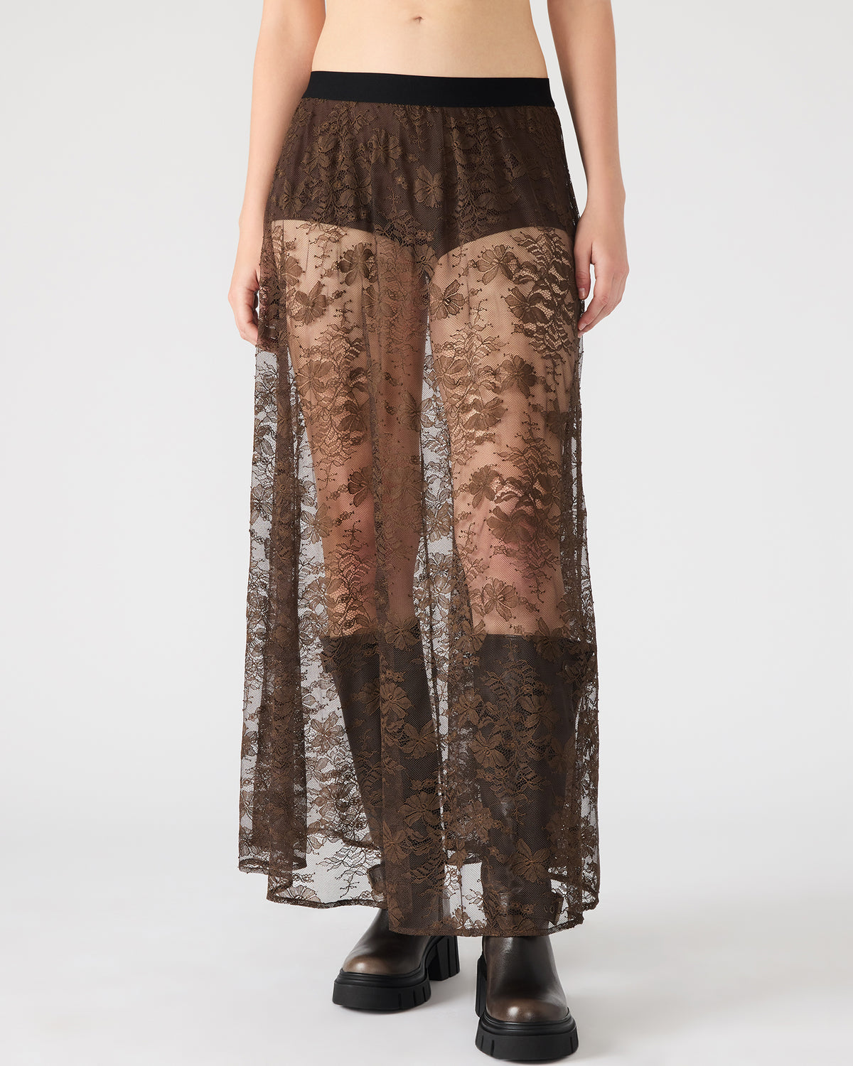GISELA Dark Espresso Lace Mesh Maxi Women's Skirt | Steve Madden US