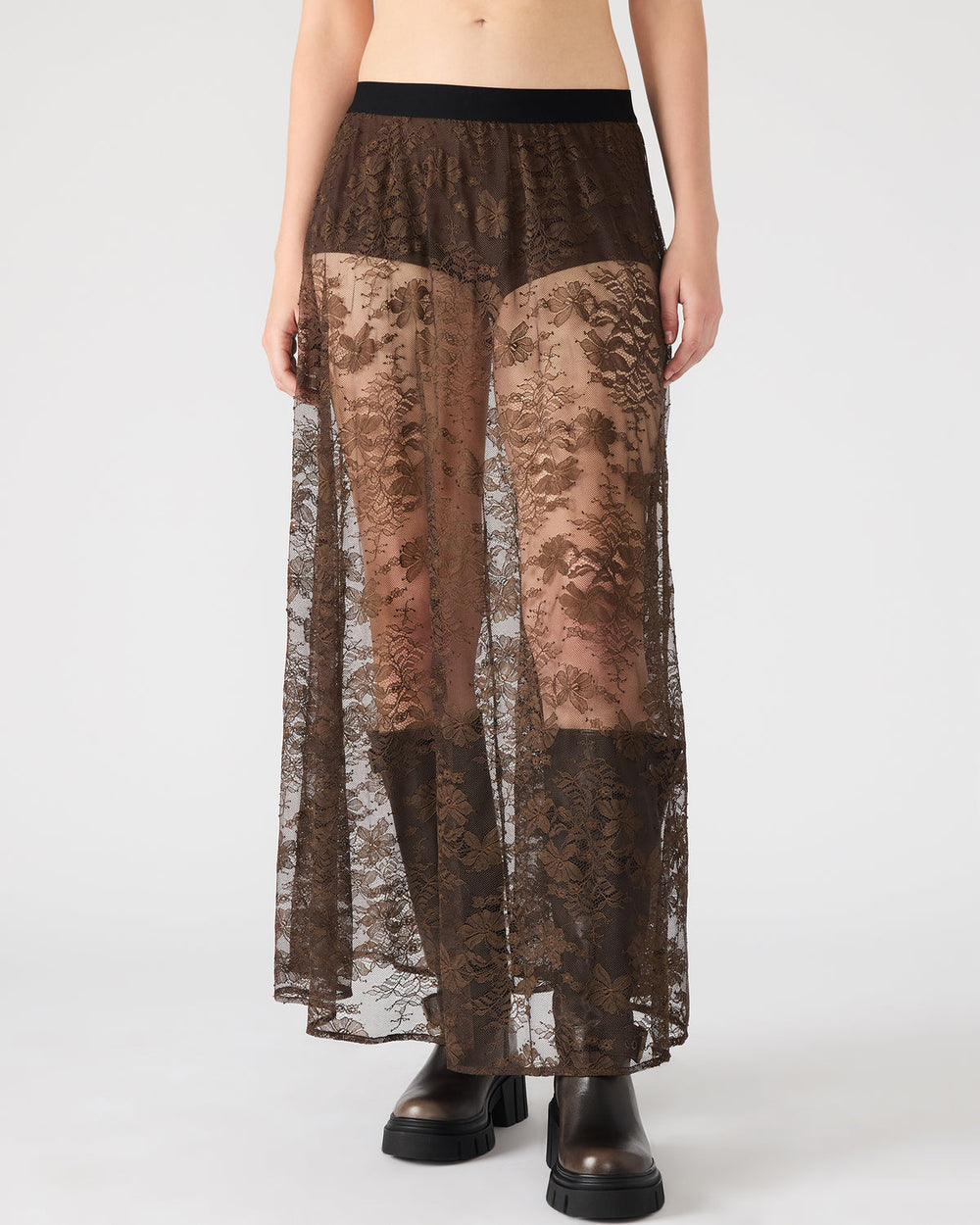 GISELA Dark Espresso Lace Mesh Maxi Women's Skirt | Steve Madden US