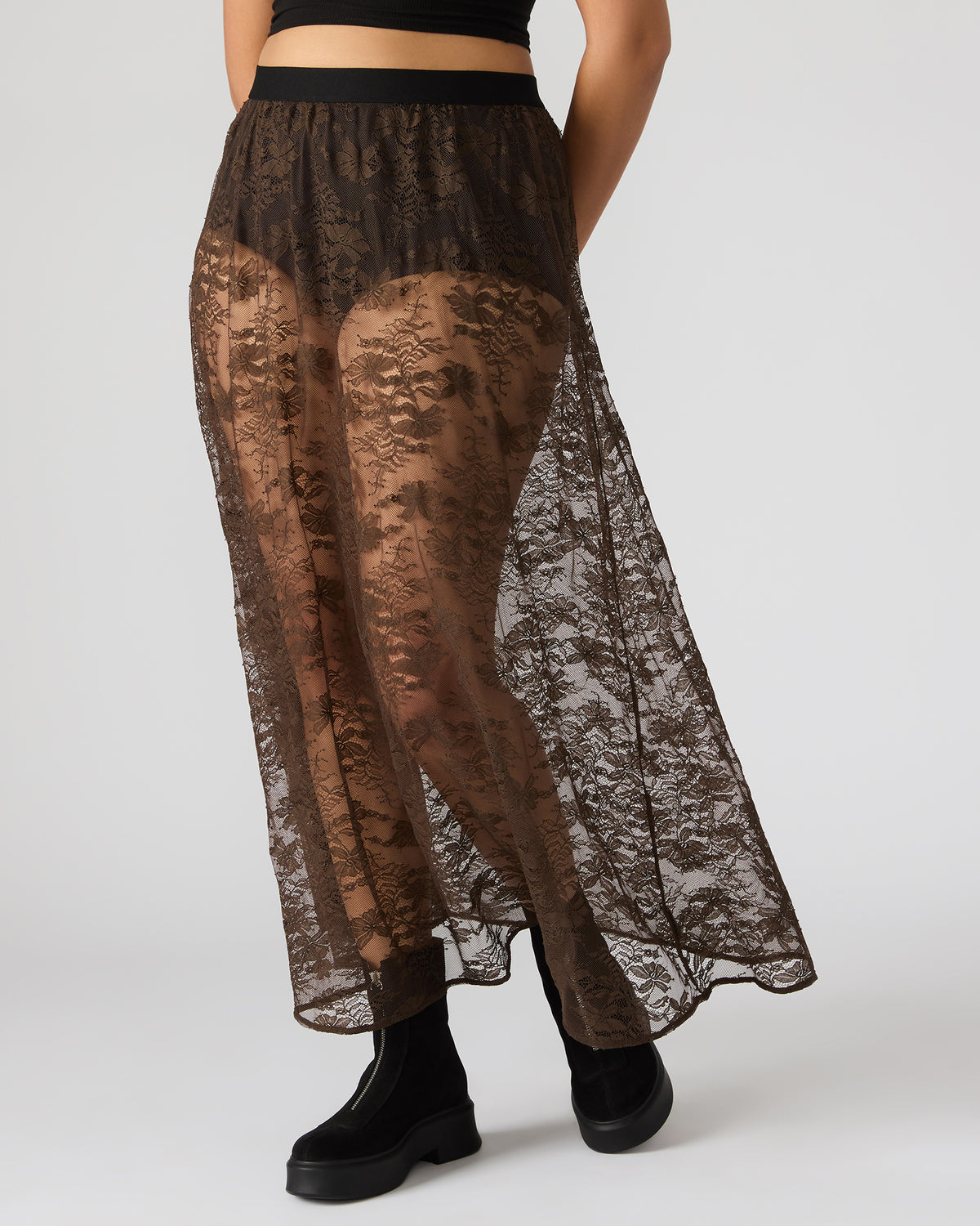 GISELA Dark Espresso Lace Mesh Maxi Women's Skirt | Steve Madden US