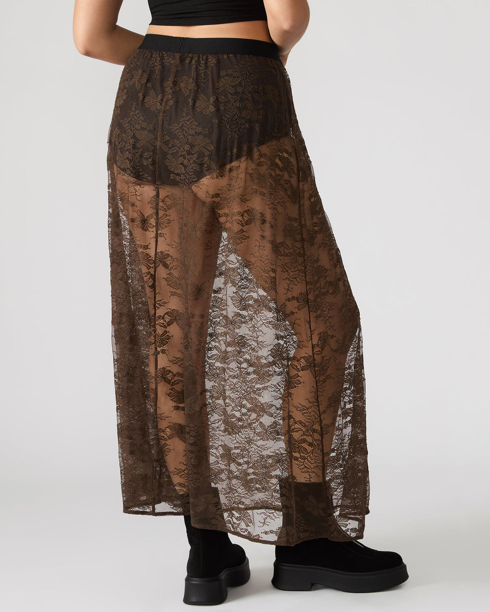 GISELA Dark Espresso Lace Mesh Maxi Women's Skirt | Steve Madden US