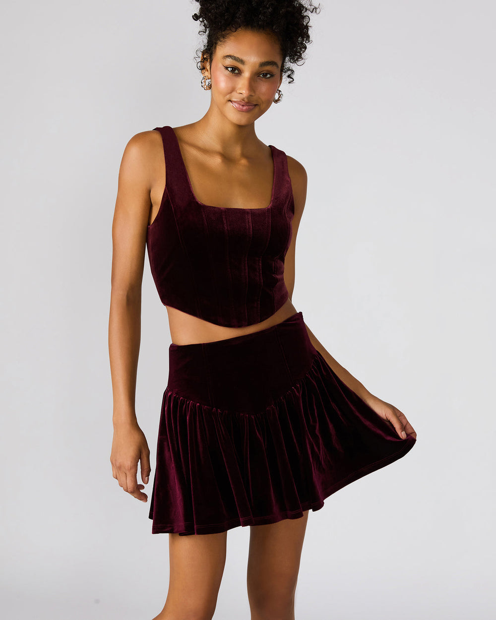 JAYLA Wine Flowy Velvet Women's Mini Skirt | Steve Madden Sale