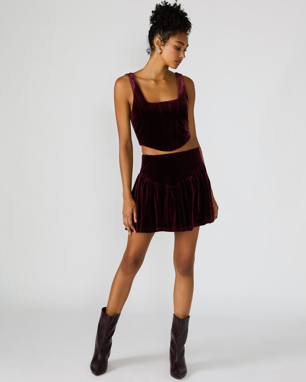 JAYLA Wine Flowy Velvet Women's Mini Skirt | Steve Madden Sale