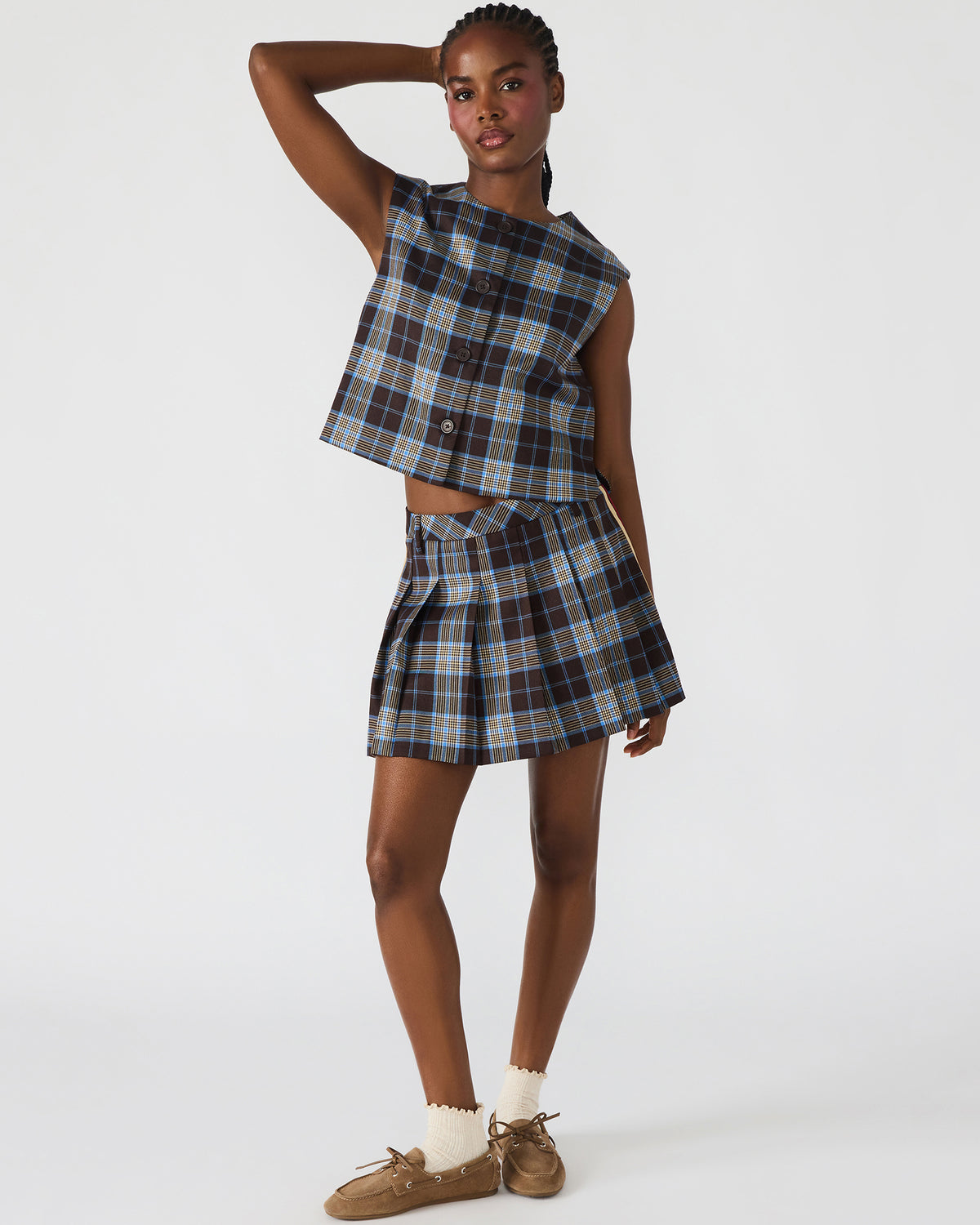 MARGO Brown Plaid Pleated Women's Mini Skirt | Steve Madden on Sale