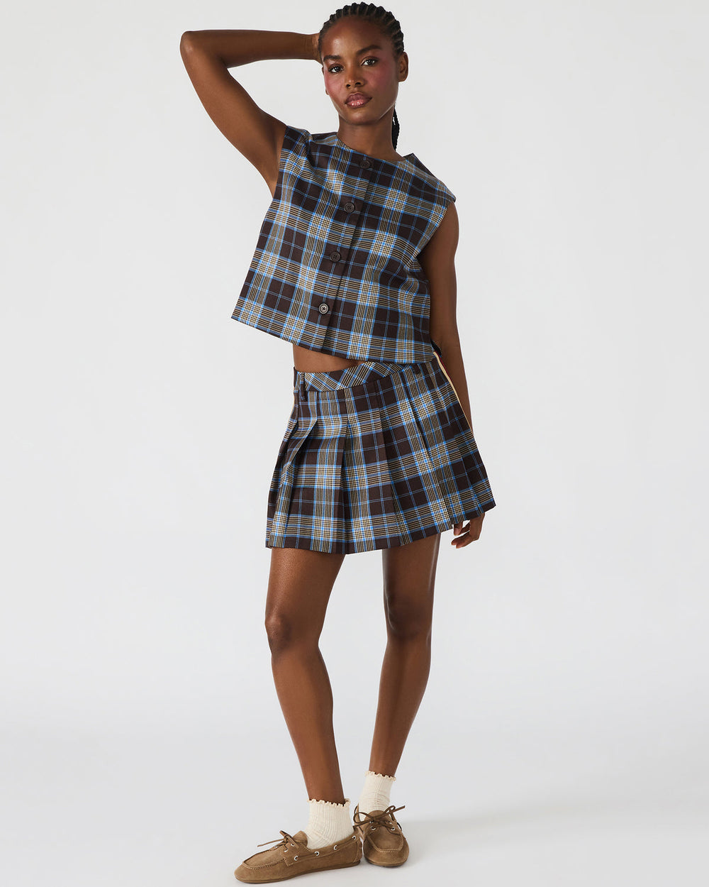 MARGO Brown Plaid Pleated Women's Mini Skirt | Steve Madden on Sale
