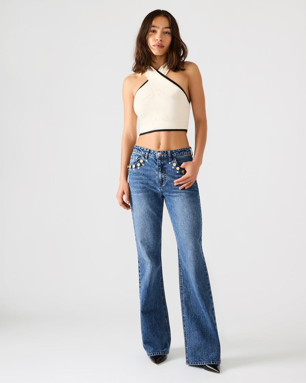 IRYS Dark Navy High-Rise Flare Gold Detail Buttons Women's Jean | Steve Madden Sale