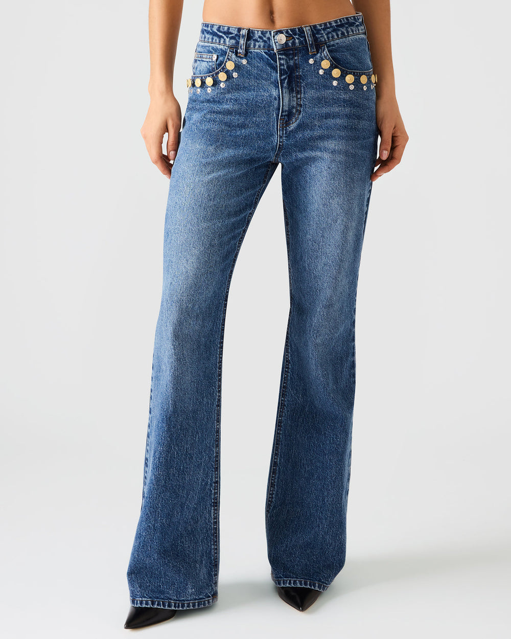 IRYS Dark Navy High-Rise Flare Gold Detail Buttons Women's Jean | Steve Madden Sale