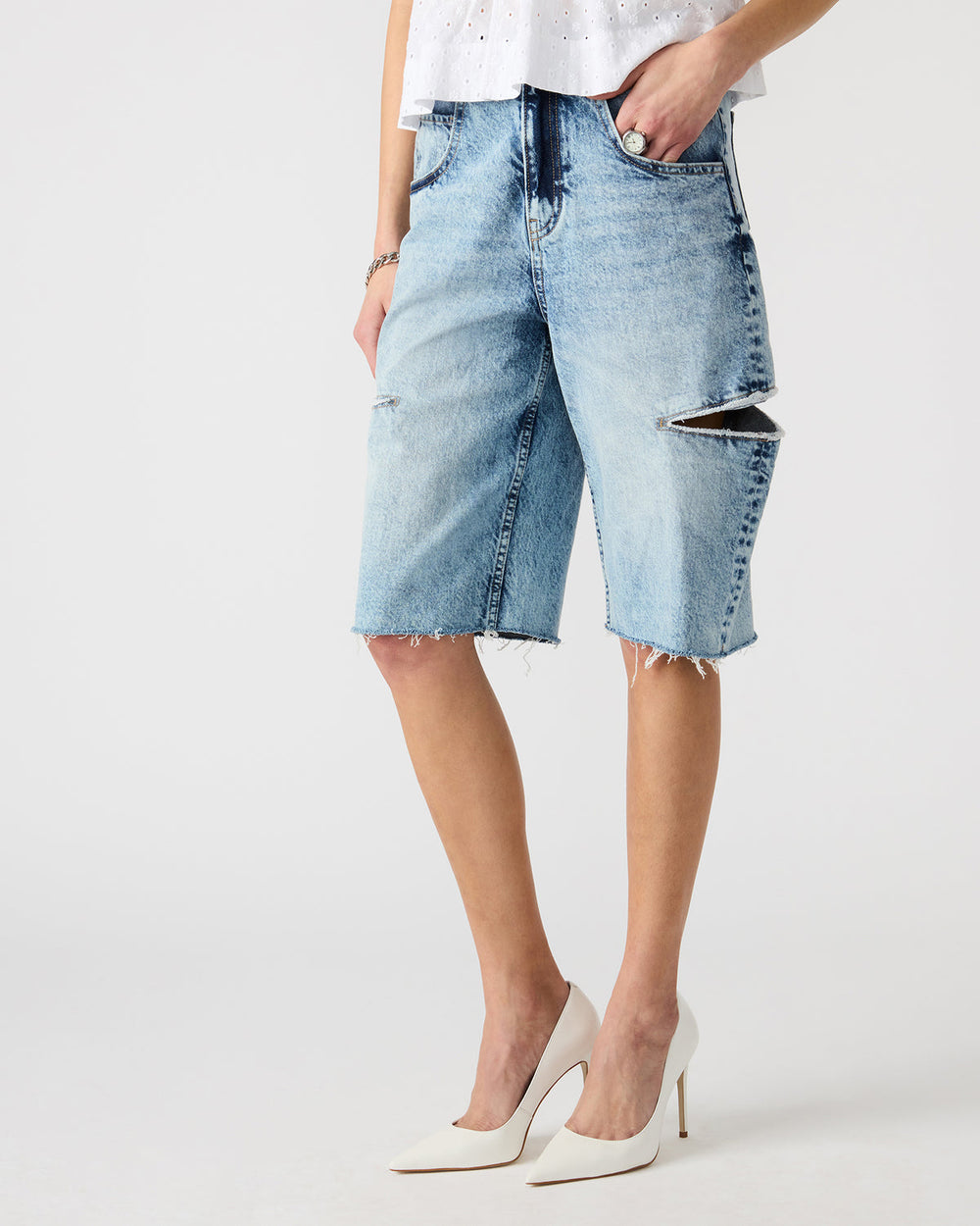 LANGE Denim Women's Side Slit Barrel Shorts | Steve Madden online