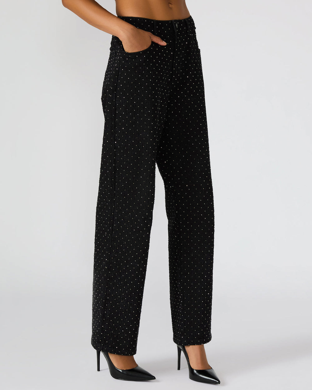 AVALINE Crystal Black Straight-Leg Rhinestone Embellished Denim Women's Jeans | Steve Madden for Sale