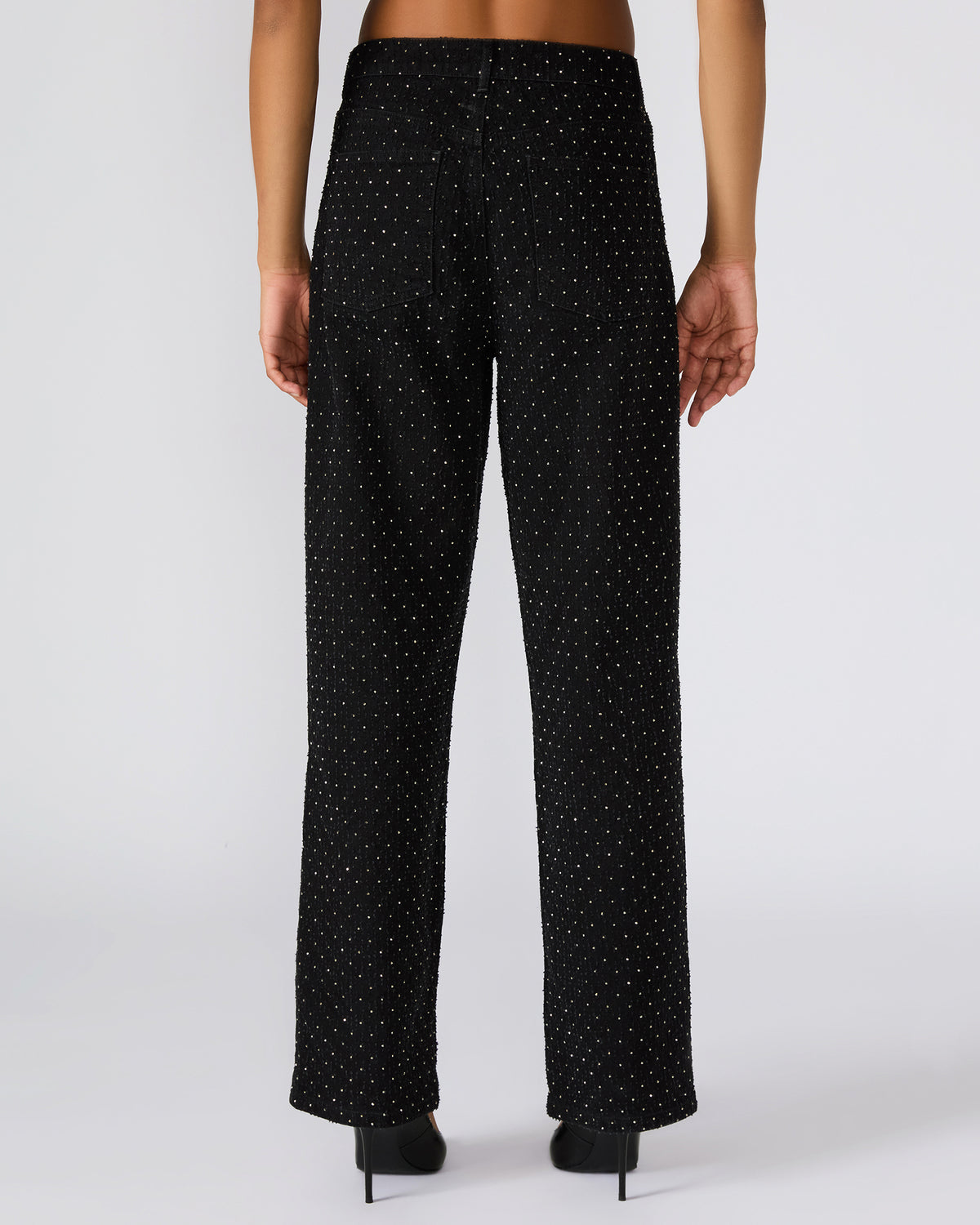 AVALINE Crystal Black Straight-Leg Rhinestone Embellished Denim Women's Jeans | Steve Madden for Sale