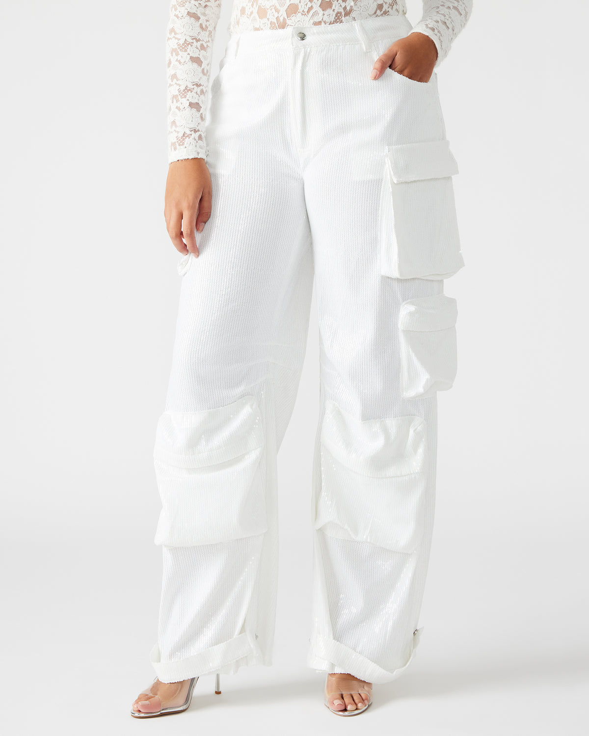DUO White Sequin Women's Utility Cargo Pants | Steve Madden online