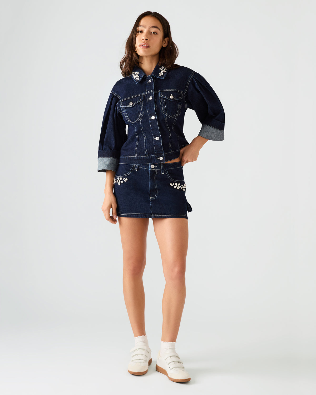BRIELLIA Bijou Blue Denim Rhinestone Embellished Mini Women's Skirt | Steve Madden on Sale