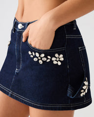 BRIELLIA Bijou Blue Denim Rhinestone Embellished Mini Women's Skirt | Steve Madden on Sale