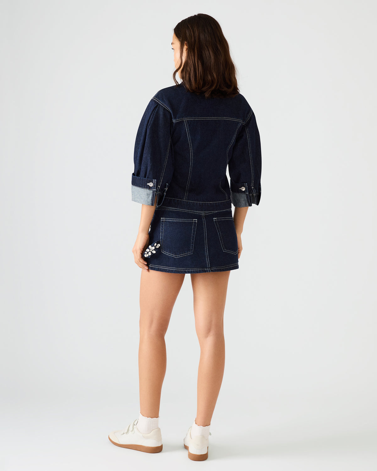 BRIELLIA Bijou Blue Denim Rhinestone Embellished Mini Women's Skirt | Steve Madden on Sale