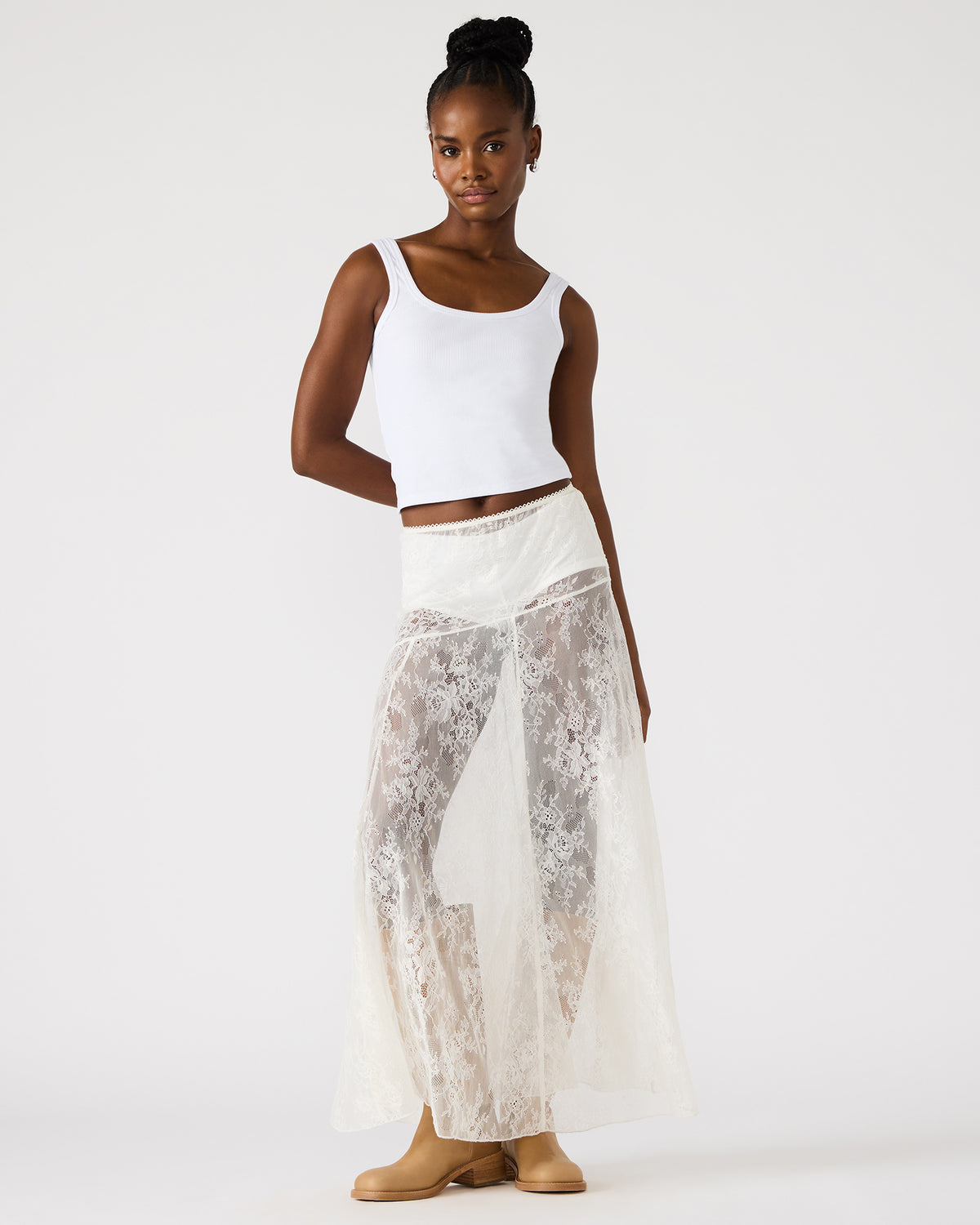 VEERA White Mesh Lace Flowy Maxi Skirt | Steve Madden on Sale