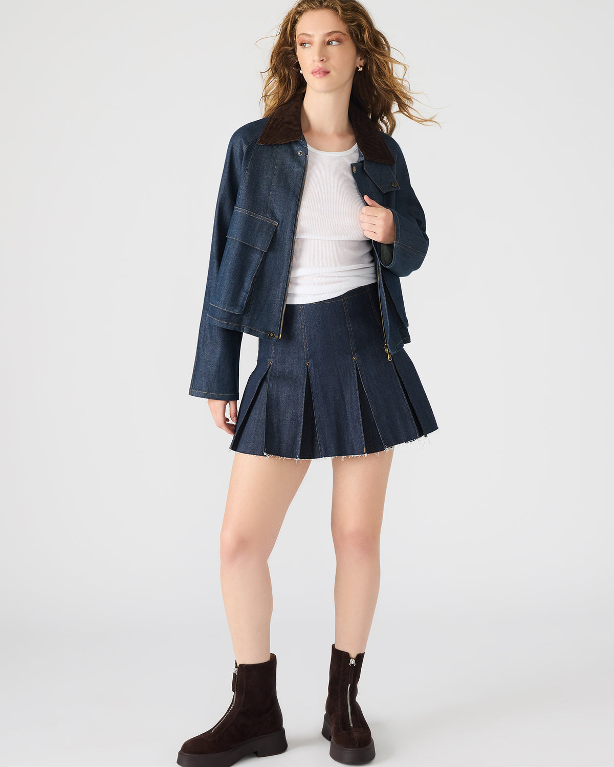JOAN Deep Indigo Pleated Denim Matching Set Women's Skirt | Steve Madden discount