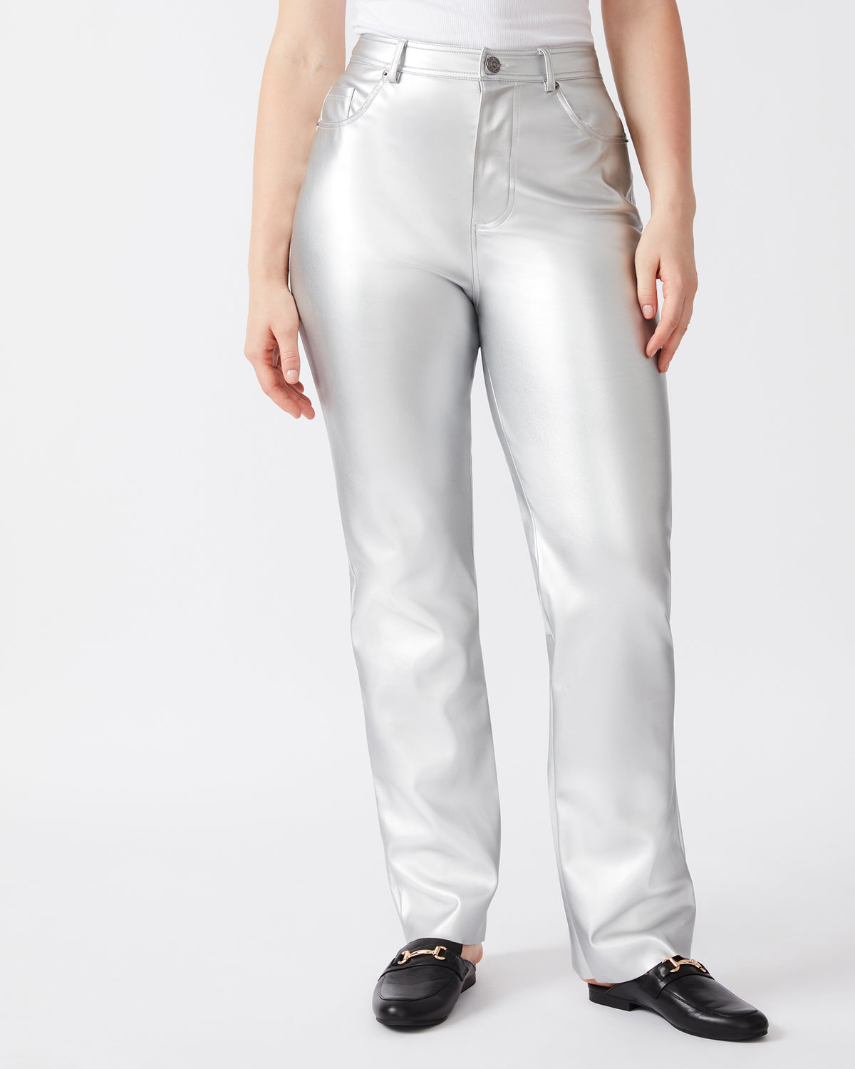 LOREN Pant Silver | Women's Faux Leather Straight Leg Pant | Steve Madden Sale