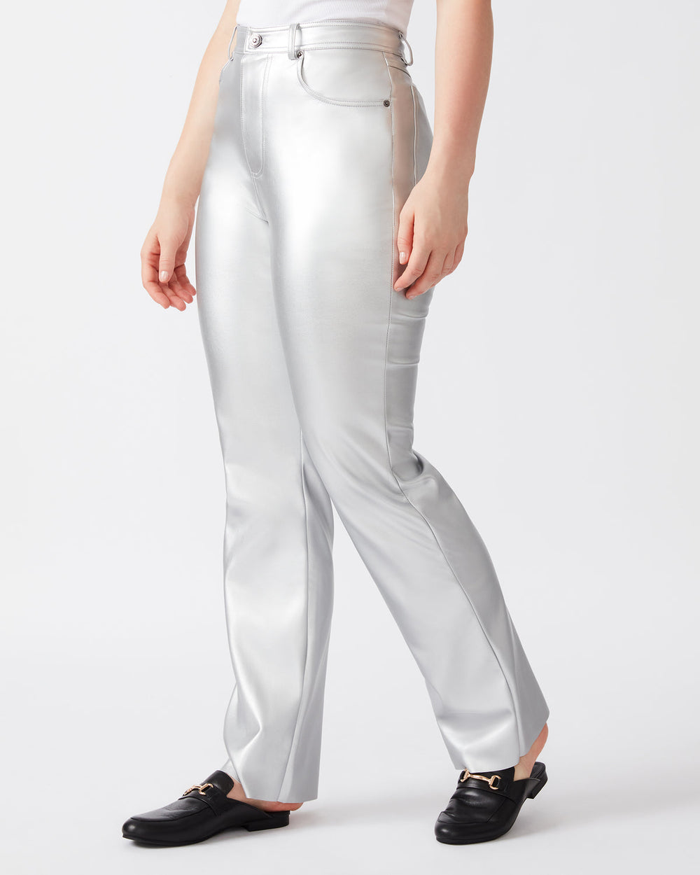 LOREN Pant Silver | Women's Faux Leather Straight Leg Pant | Steve Madden Sale