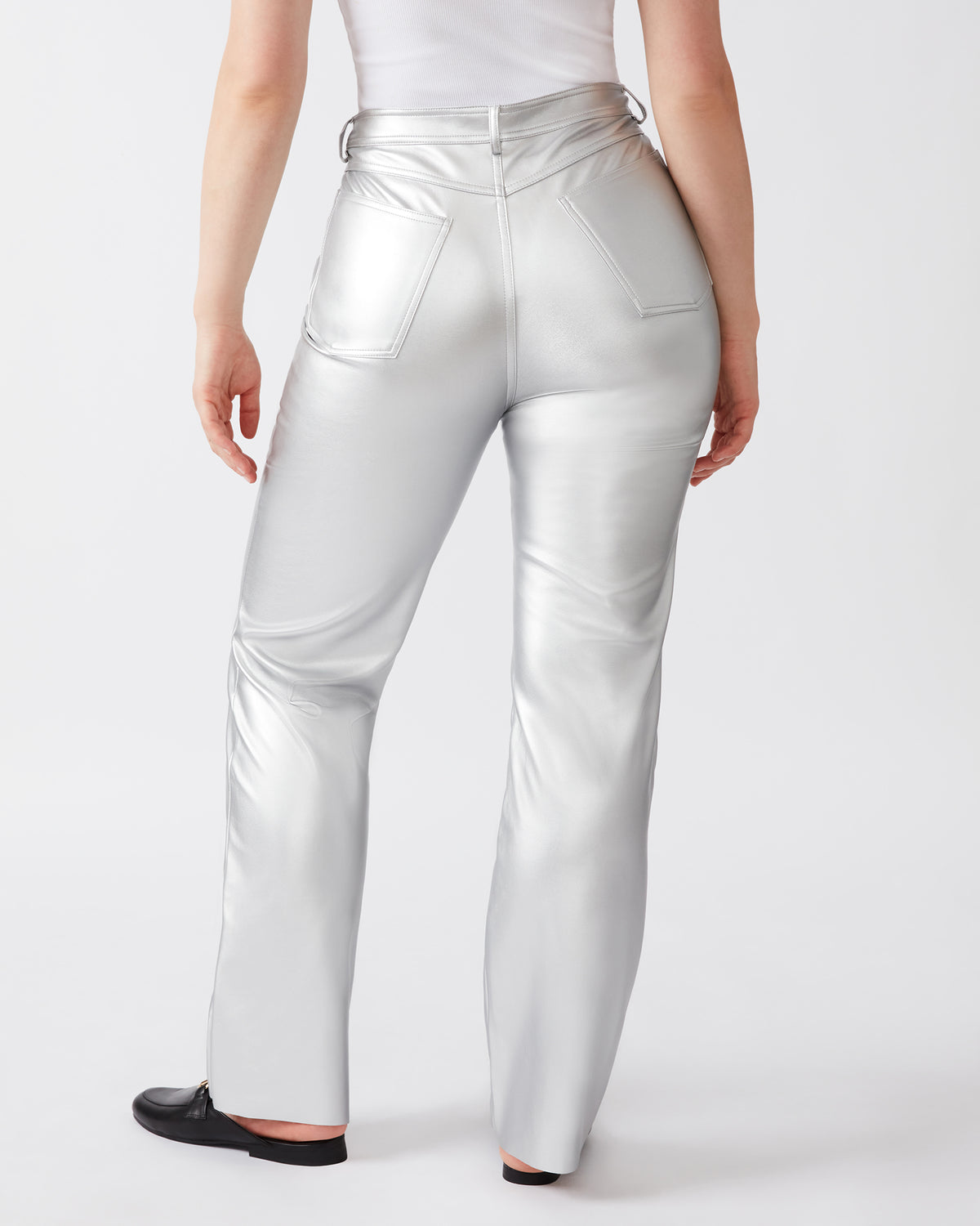 LOREN Pant Silver | Women's Faux Leather Straight Leg Pant | Steve Madden Sale