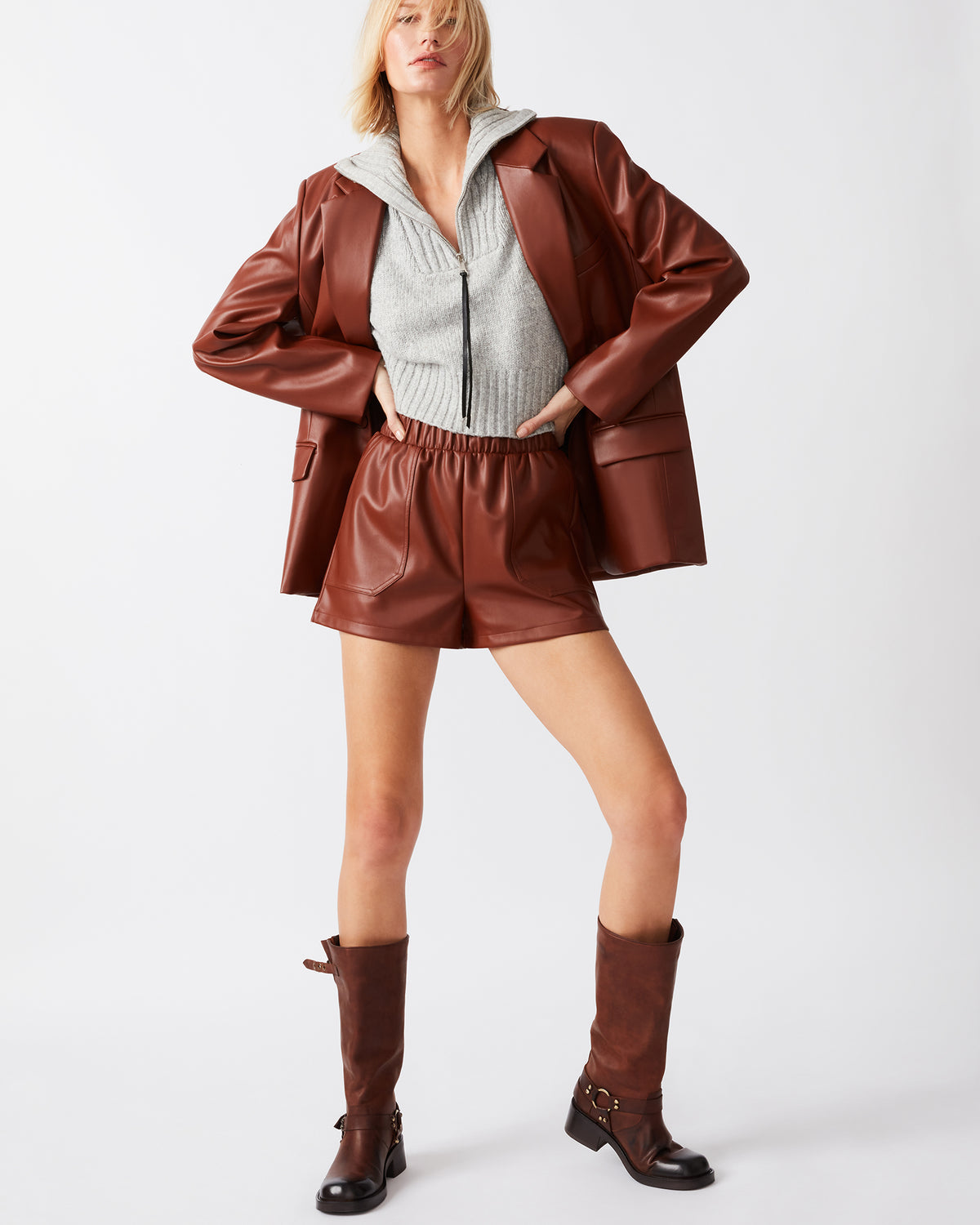 FAUX THE RECORD Short Cognac | Women's Faux Leather Short | Steve Madden outlet