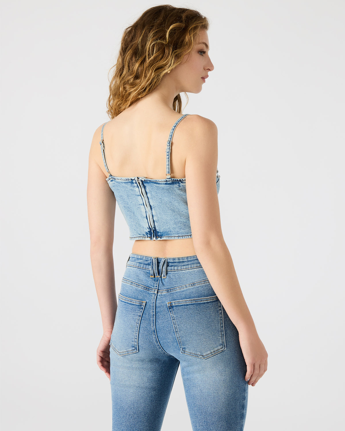 ERAS Denim Rhinestone Embellished Corset Cropped Matching Set Women's Top | Steve Madden US