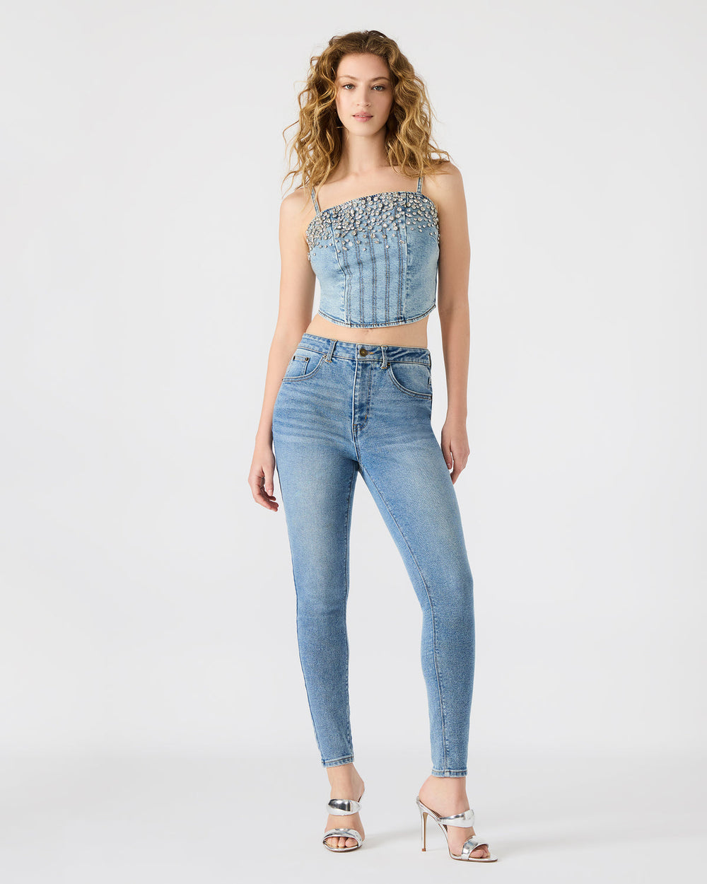 ERAS Denim Rhinestone Embellished Corset Cropped Matching Set Women's Top | Steve Madden US