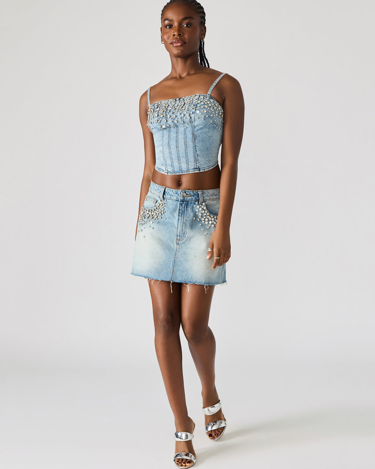 ERAS Denim Rhinestone Embellished Corset Cropped Matching Set Women's Top | Steve Madden US