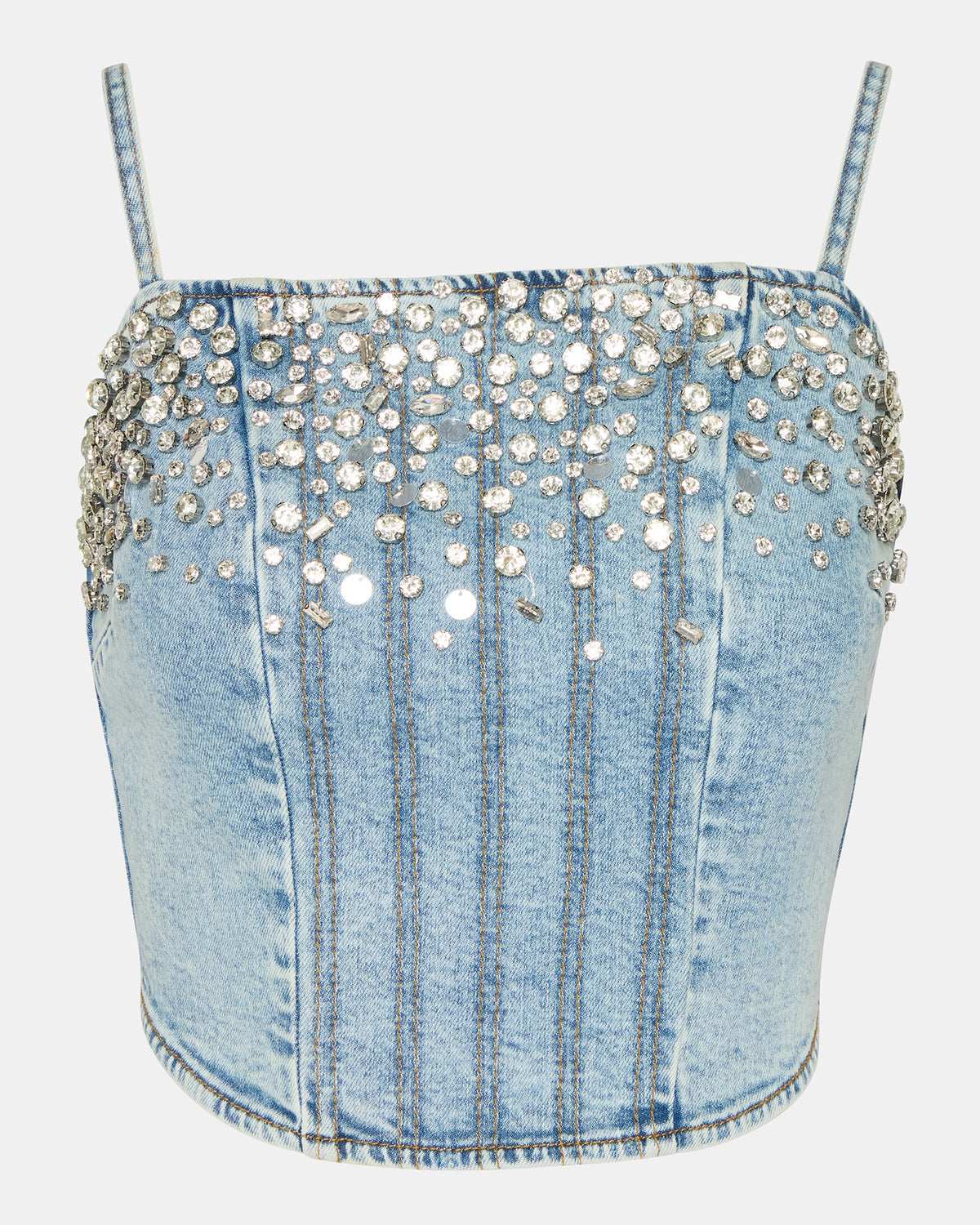 ERAS Denim Rhinestone Embellished Corset Cropped Matching Set Women's Top | Steve Madden US