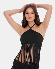 WHAT A STUD BIKINI TOP Black Halter Neckline Fringe Women's Bikini Top | Steve Madden on Sale